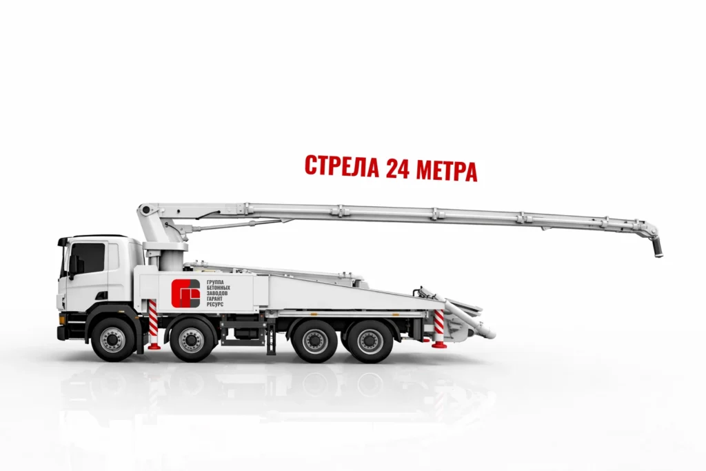 Автобетононасос со стрелой 24 м для подачи бетона на строительном объекте в Краснознаменске